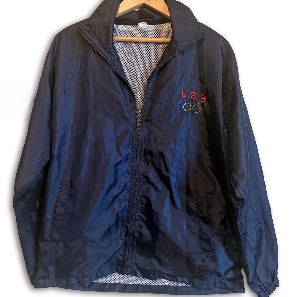Vintage USA Olympic Rings Windbreaker Jacket Navy Blue Mesh Lined Full Zip Large